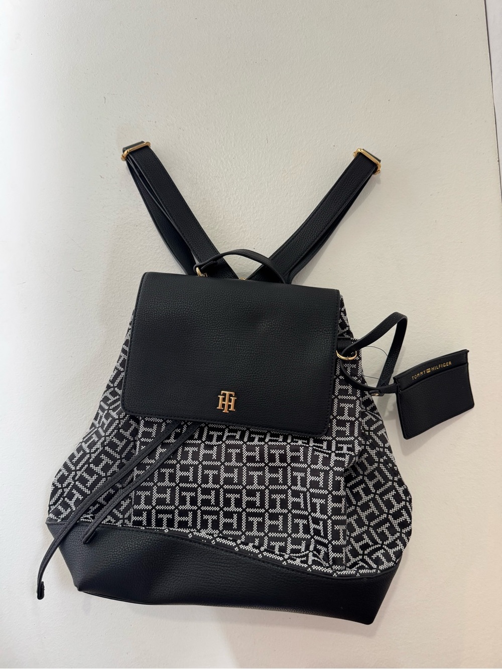 Tommy Hilfiger black and white square monogram jacquard flap backpack